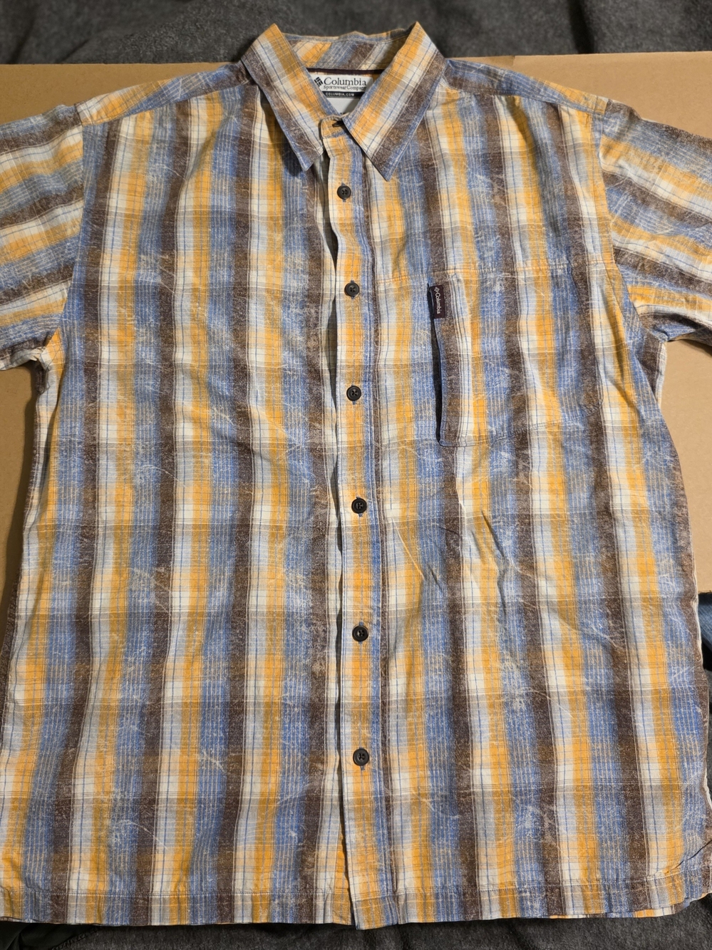 Columbia Men’s Plaid Button-Down Shirt in Yellow, Blue, Brown